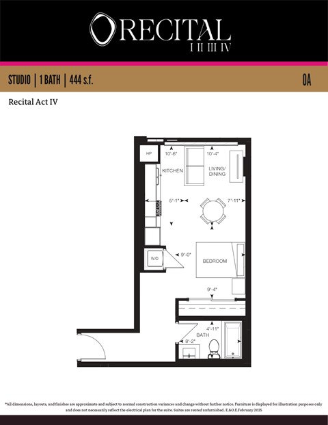 A floor plan for a studio apartment at Recital Act IV.